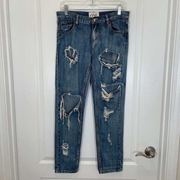 One Teaspoon Jeans Awesome Baggies Destroyed Medium Rise Tapered Roll Cuff 26 - Picture 2 of 7